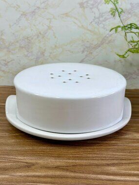 Crate & Barrel White Ceramic Brie Baker Ventilated Lid & Base Plate